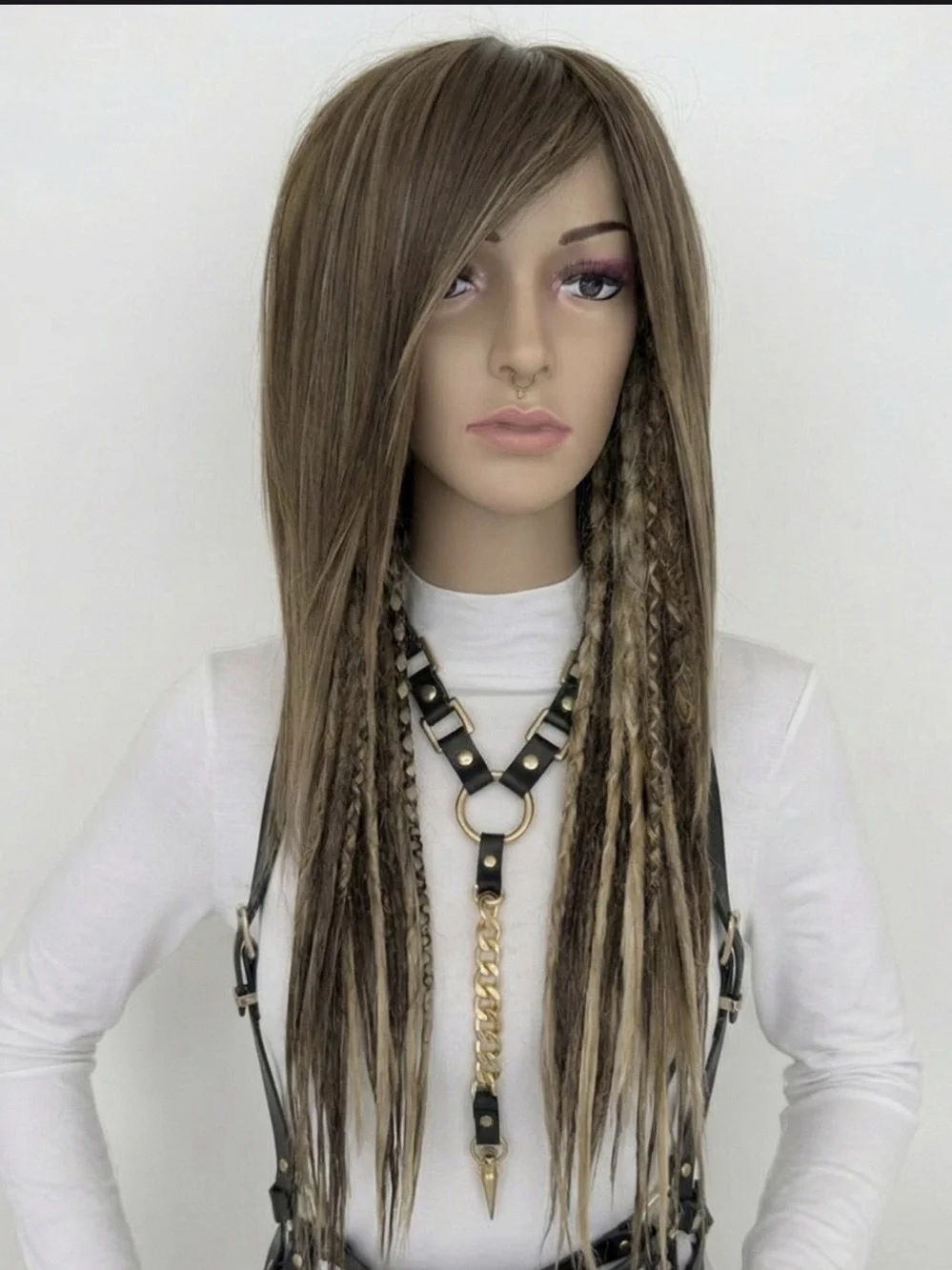 Custom Made Partial Deadlock Synthetic Wig with Blonde Highlights - Taupe Brown